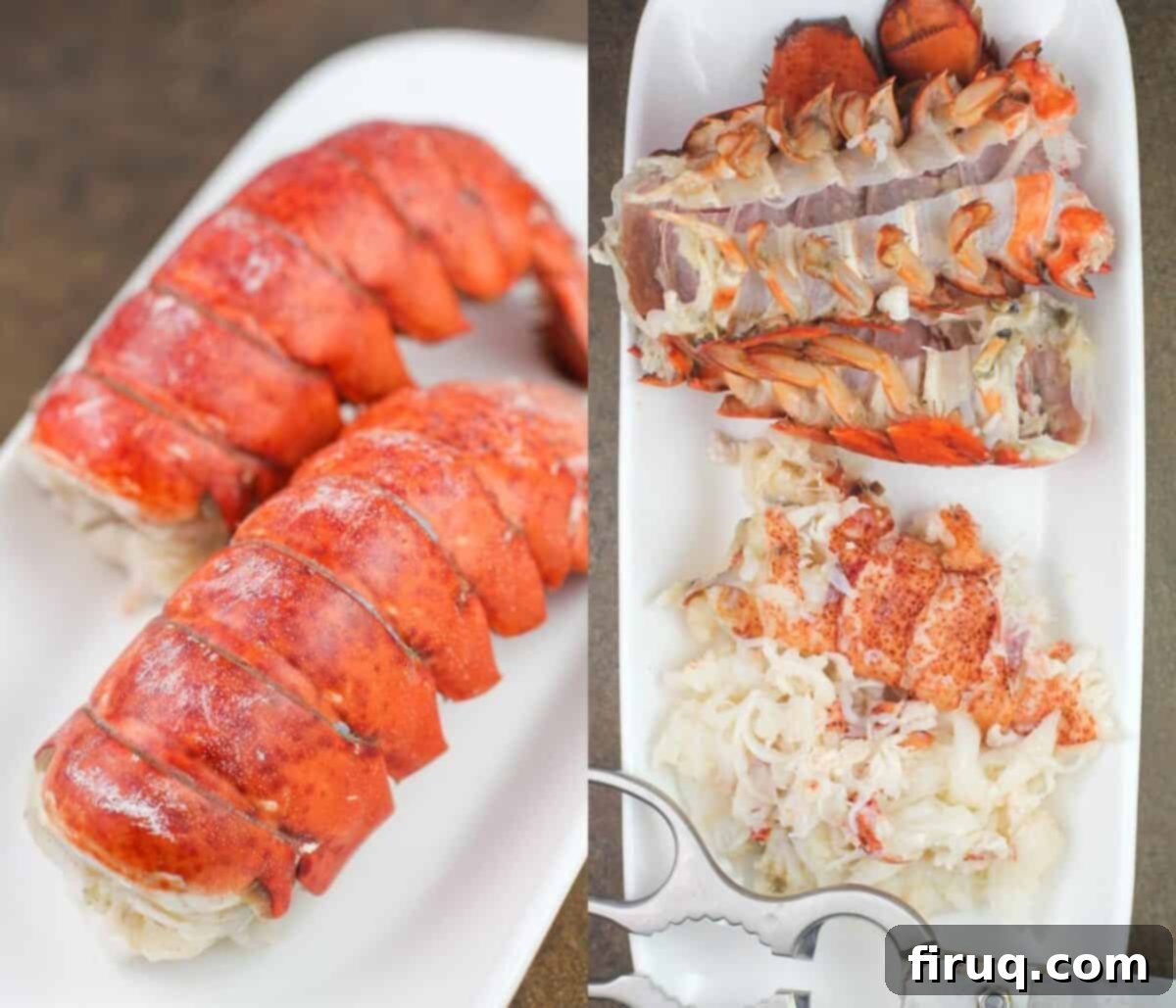 Oven-Baked Haddock, Lobster-Kissed 4 collage of 2 photos: left, cooked lobster tails, right, scissors, empty shells, and meat from lobster tails on white plate