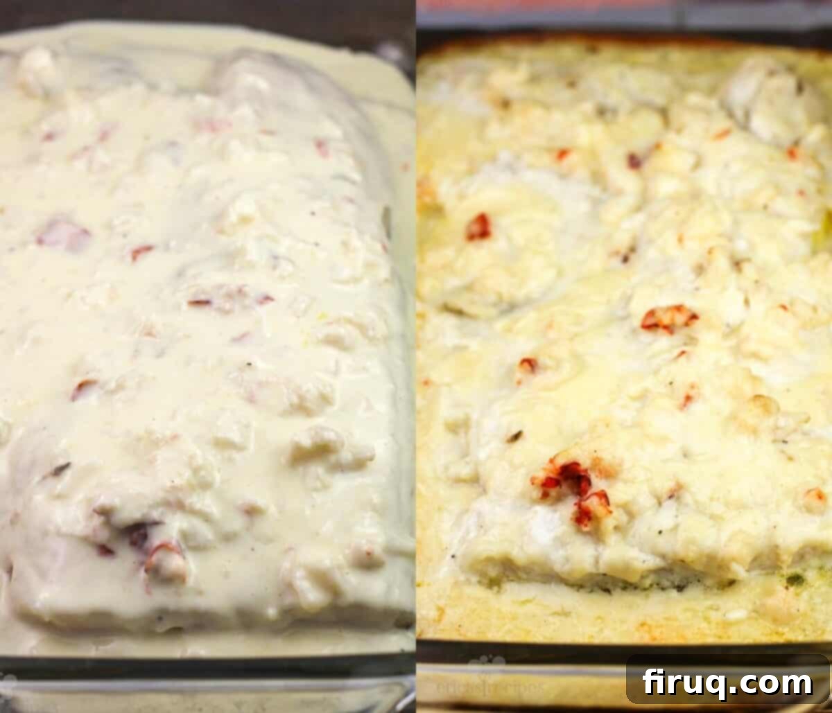 Oven-Baked Haddock, Lobster-Kissed 7 collage of 2 photos: left, raw haddock topped with sauce; cooked haddock and lobster sauce in clear bake dish