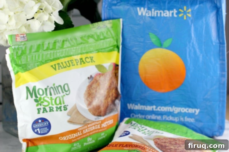 Plant-Powered Omelet with Savory Sausage, Spinach, and Mushrooms 12 packaged Morningstar Breakfast patty value pack and Morningstar Farms maple sausage pack next to blue disposable Walmart shopping bag