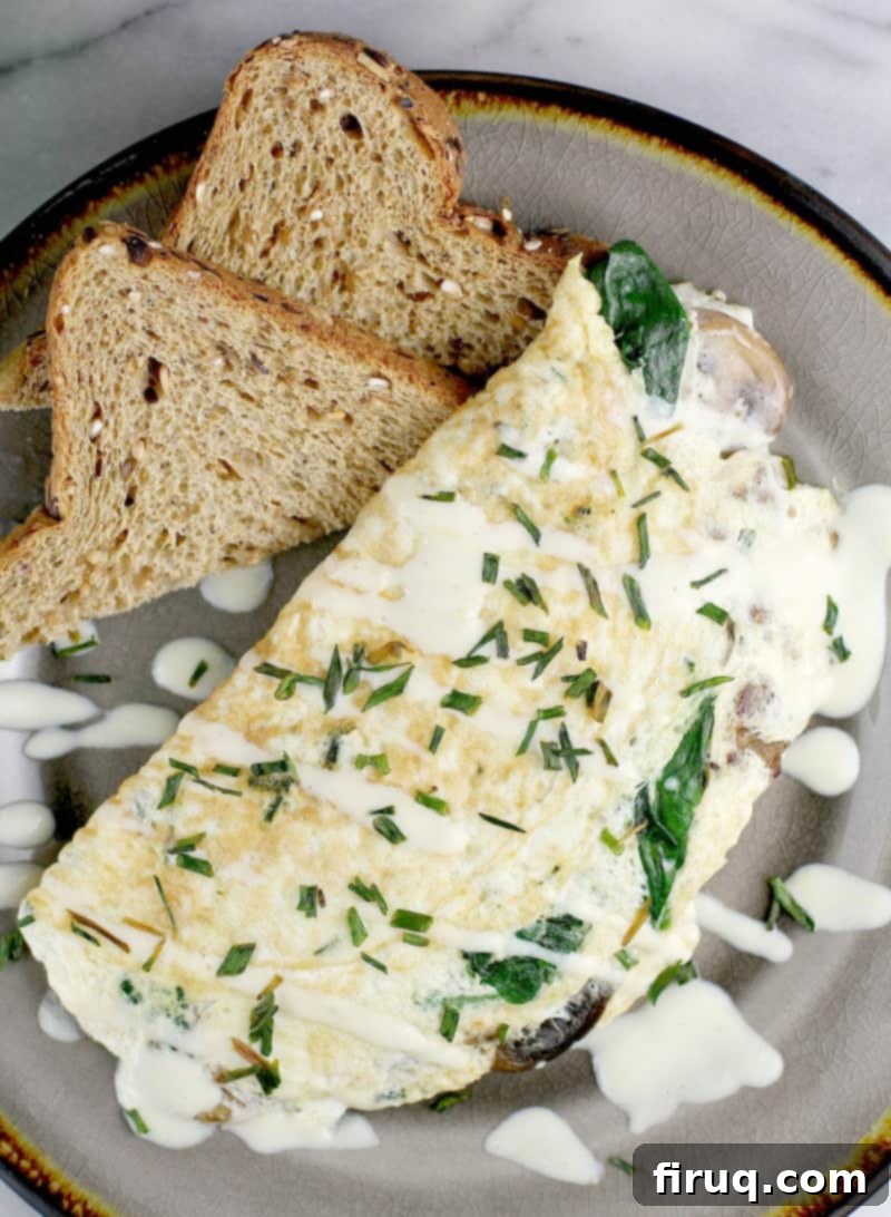 Plant-Powered Omelet with Savory Sausage, Spinach, and Mushrooms 13 finished omelet on a plate with toast, top view