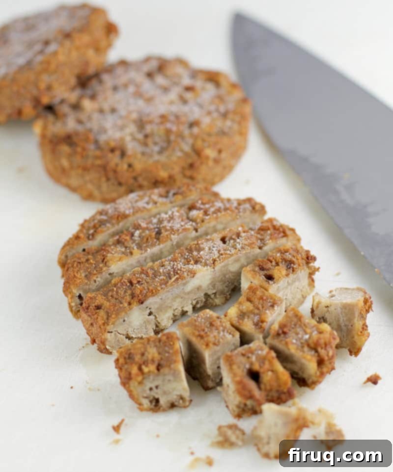 Plant-Powered Omelet with Savory Sausage, Spinach, and Mushrooms 4 Morningstar sausage patties cut up on a cutting board