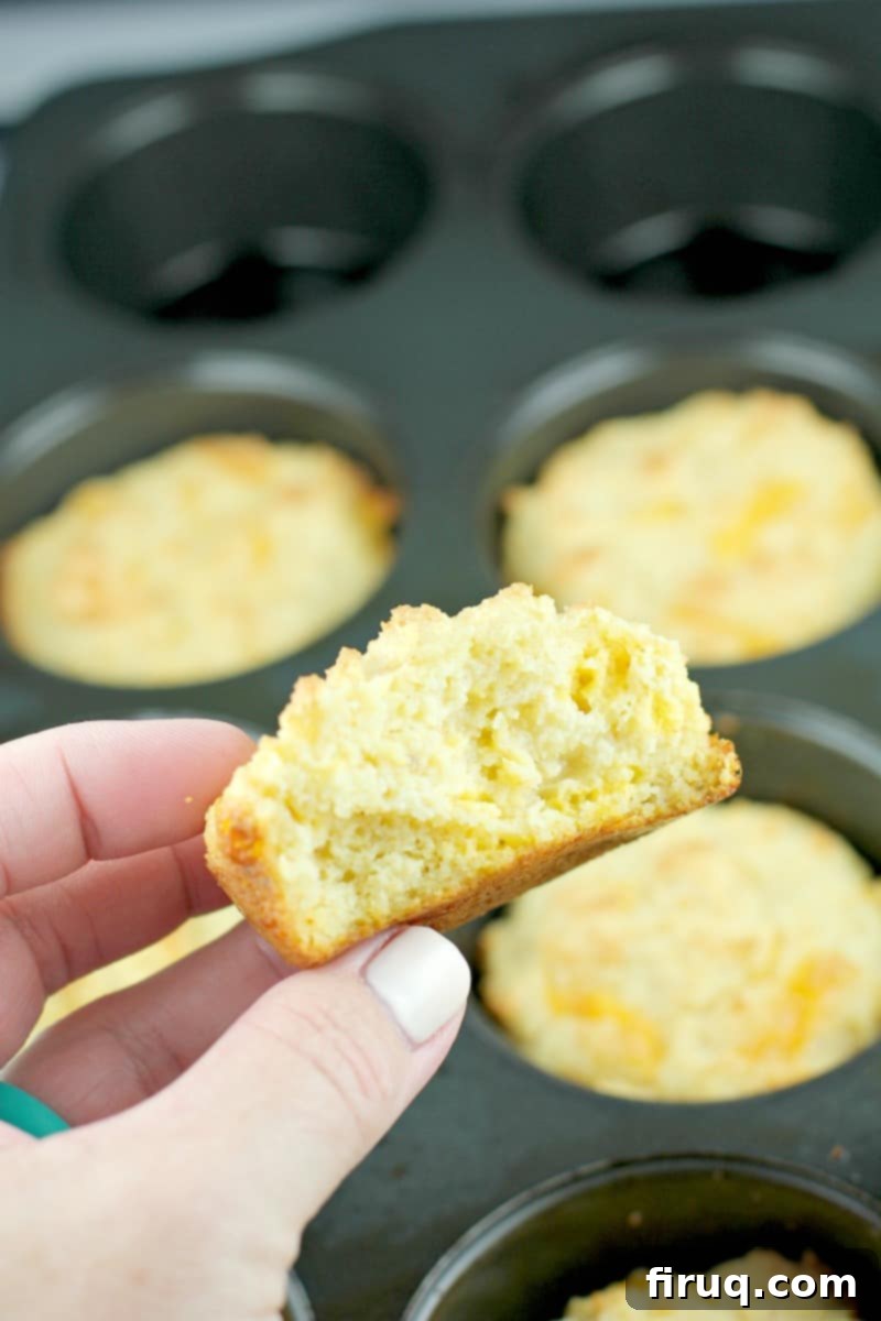 Guilt-Free Cheddar Bay Biscuits 3 A low carb cheddar bay biscuit broken in half, revealing its light, airy, and flaky interior, with other biscuits in a muffin tin in the background