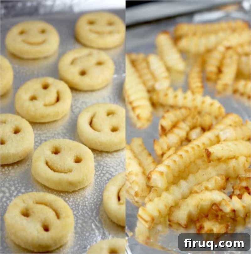 Loaded Burger Fry Quesadilla 6 collage showing the two potato products: mashed potato smiles shapes and cooked crinkle fries