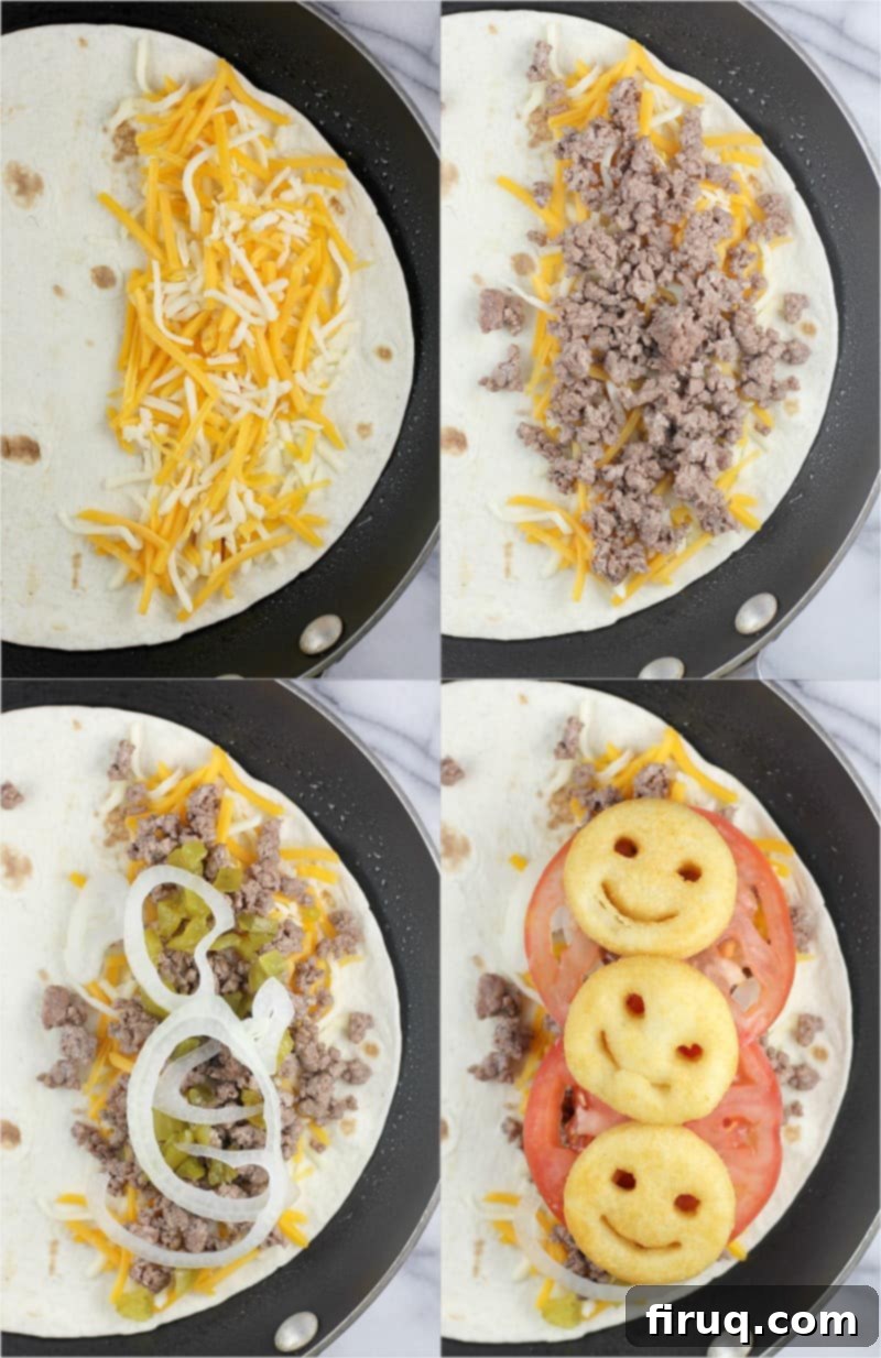 Loaded Burger Fry Quesadilla 7 4 photo collage showing the layering process of ingredients to make the quesadilla (top views in the pan)