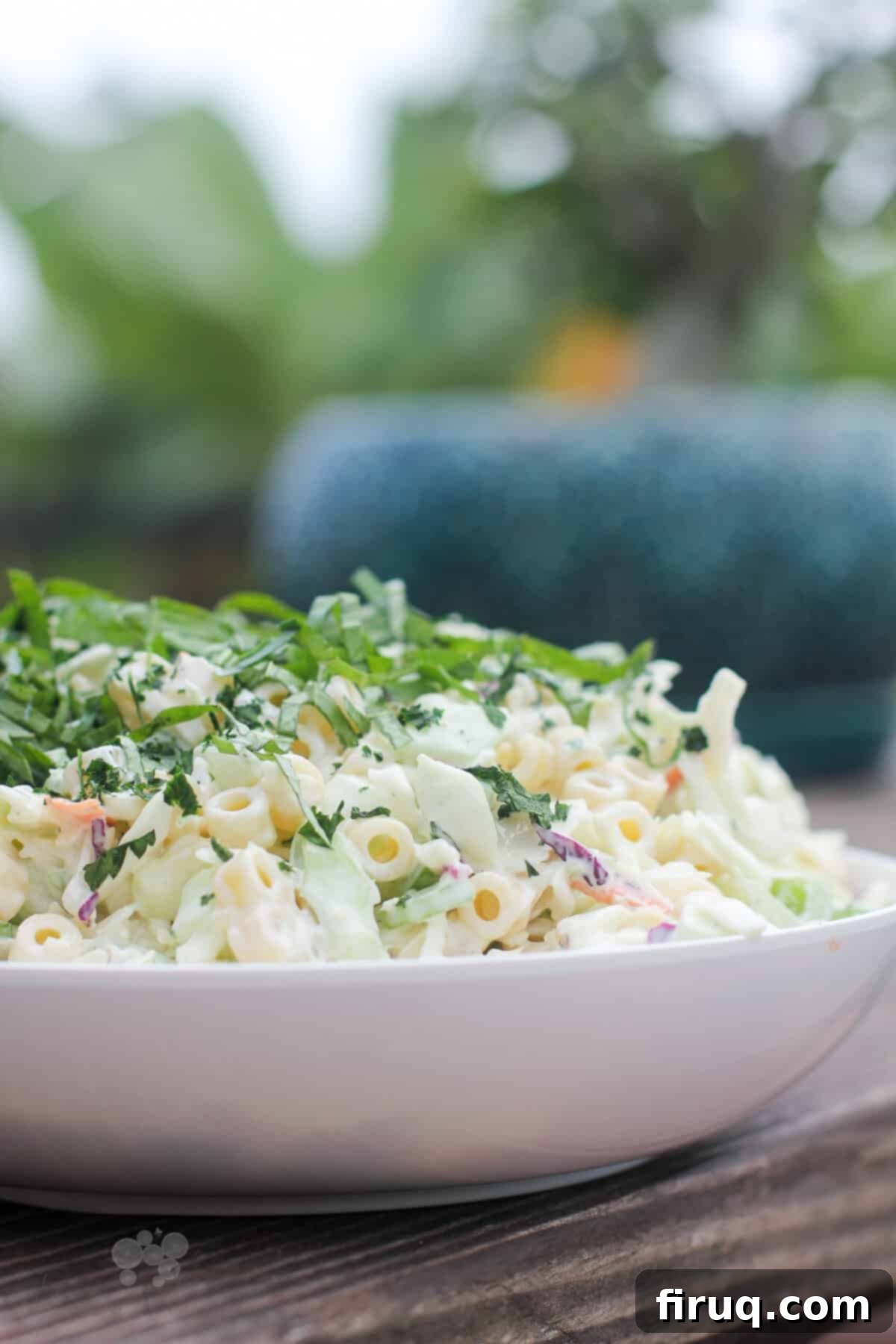 Creamy Slaw Macaroni Medley 3 Coleslaw Pasta Salad in a white bowl, side view, on a light wood table