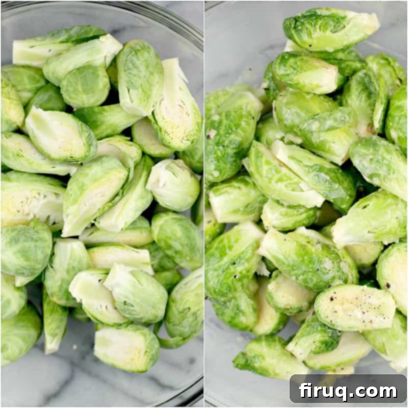 Crispy Air-Fried Brussels Sprouts 5 A collage of two photos: on the left, raw trimmed Brussels sprouts in a bowl; on the right, the same sprouts coated evenly in the savory vinaigrette, ready for the air fryer.