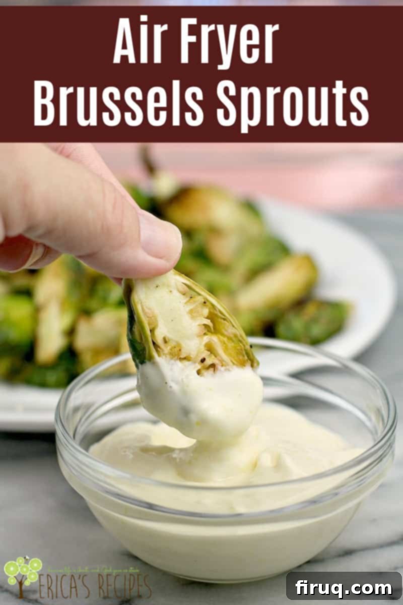 Crispy Air-Fried Brussels Sprouts 10 Pinterest image with text overlay: 'Air Fryer Brussels Sprouts with Parmesan & Lemon Aioli - Crispy & Delicious!'