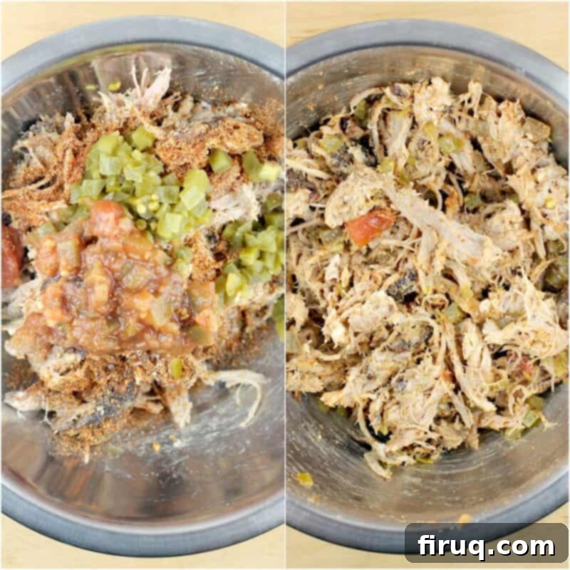 Crispy Air Fryer Pulled Pork Taquitos 4 collage of 2 photos: left, the ingredients in a bowl; right, the ingredients combined