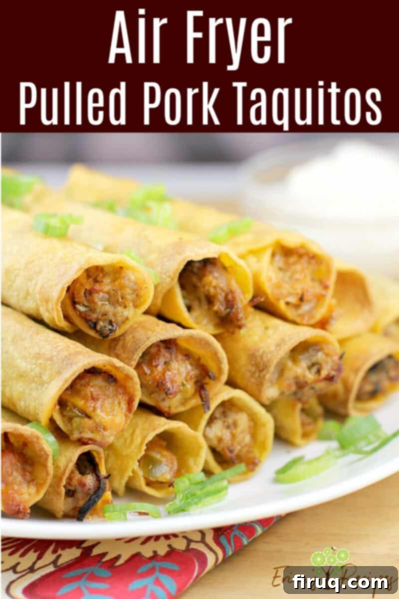 Crispy Air Fryer Pulled Pork Taquitos 10 Pinterest graphic for Air Fryer Pulled Pork Taquitos recipe