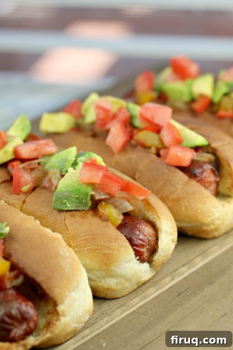 Air Fryer Hot Dogs: Crispy Perfection with Sweet Pepper Relish 2 4 hot dogs in buns topped with sweet pepper relish