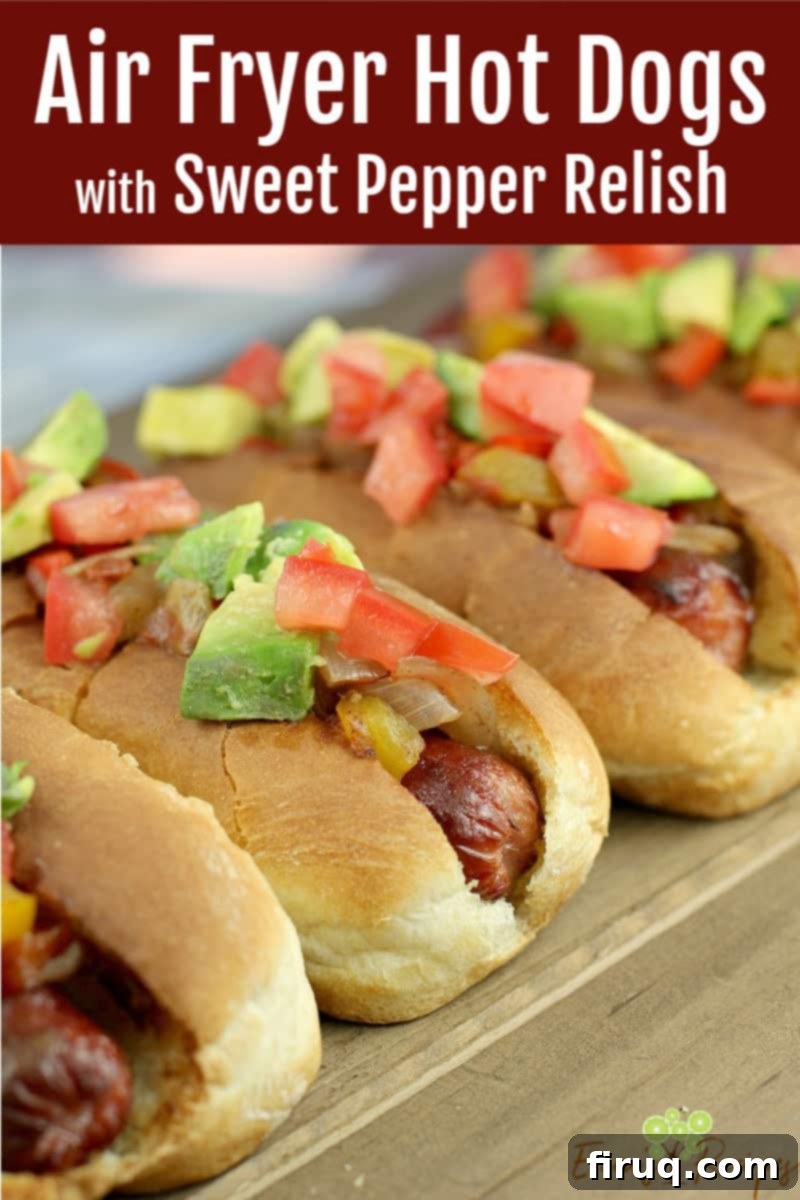 Air Fryer Hot Dogs: Crispy Perfection with Sweet Pepper Relish 11 image for social media sharing with text overlay of recipe title
