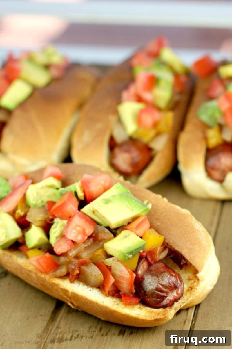 Air Fryer Hot Dogs: Crispy Perfection with Sweet Pepper Relish 10 hot dog topped with Jamaican relish on a wood board