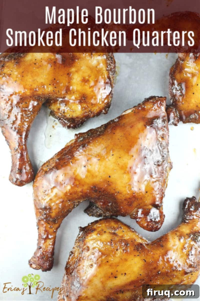Sweet & Smoky Maple Bourbon Chicken 9 image for sharing on social media with text overlay of recipe title; image is fork holding chicken