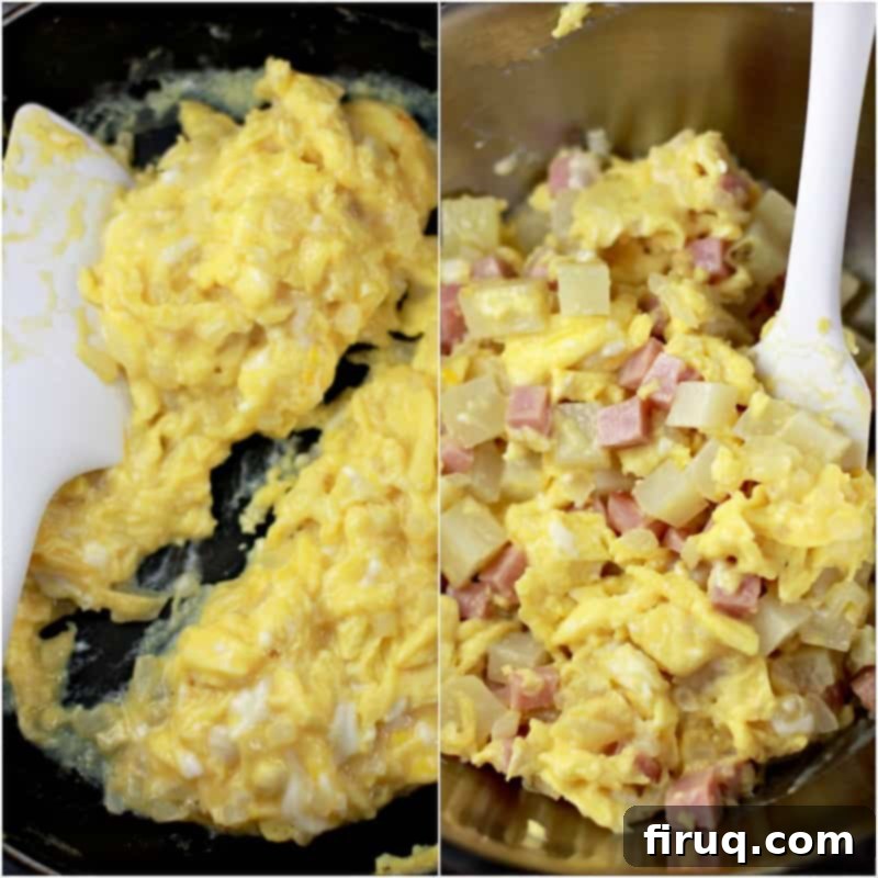 Creamy Béchamel Ham and Cheese Breakfast Crepes 6 collage of 2 photos: left, scrambled egg and onion with white spatula; right, ham and potato added to the egg