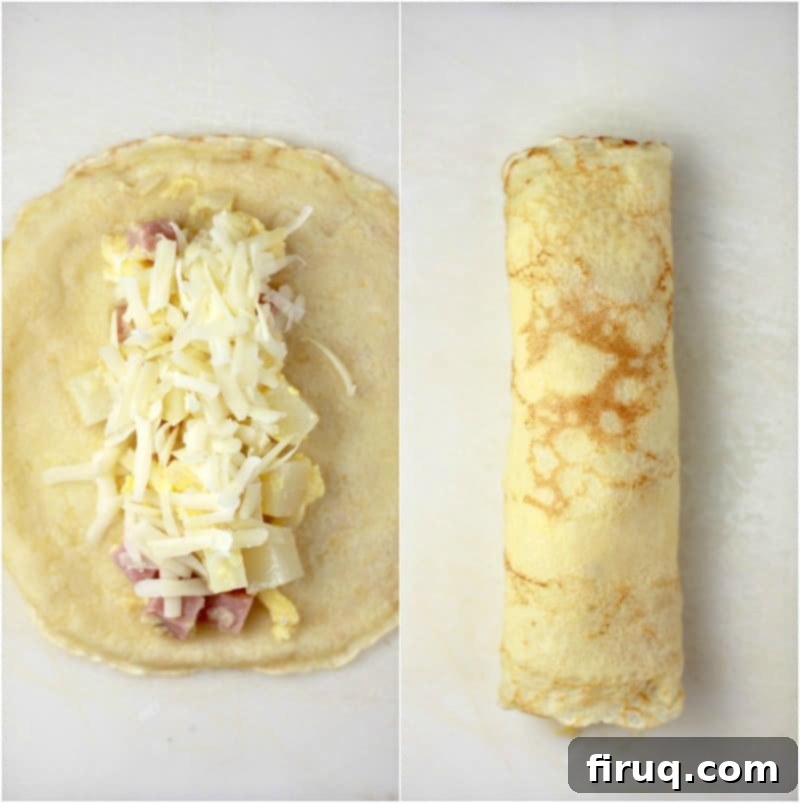 Creamy Béchamel Ham and Cheese Breakfast Crepes 7 collage of 2 photos: left, crepe filling and cheese on an open crepe; right, crepe rolled up around filling