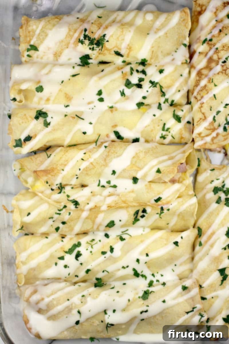 Creamy Béchamel Ham and Cheese Breakfast Crepes 10 finished crepes in bake dish topped with parsley