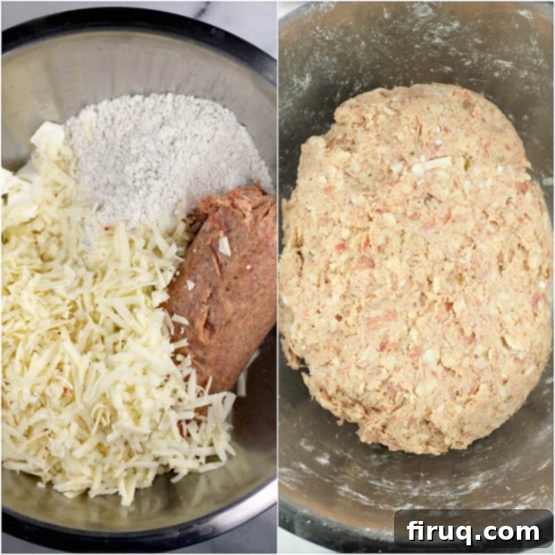 Smoky Sausage Bites 4 collage of 2 photos: left, dough ingredients in metal bowl; right, mixed dough