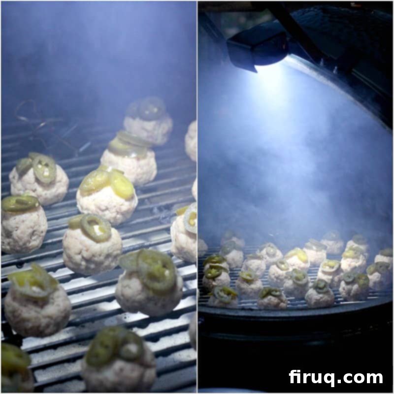Smoky Sausage Bites 7 collage of 2 photos: left, sausage balls on grill grate in Big Green Egg; right, pulled out view of Big Green Egg with smoke all around the cooking sausage balls