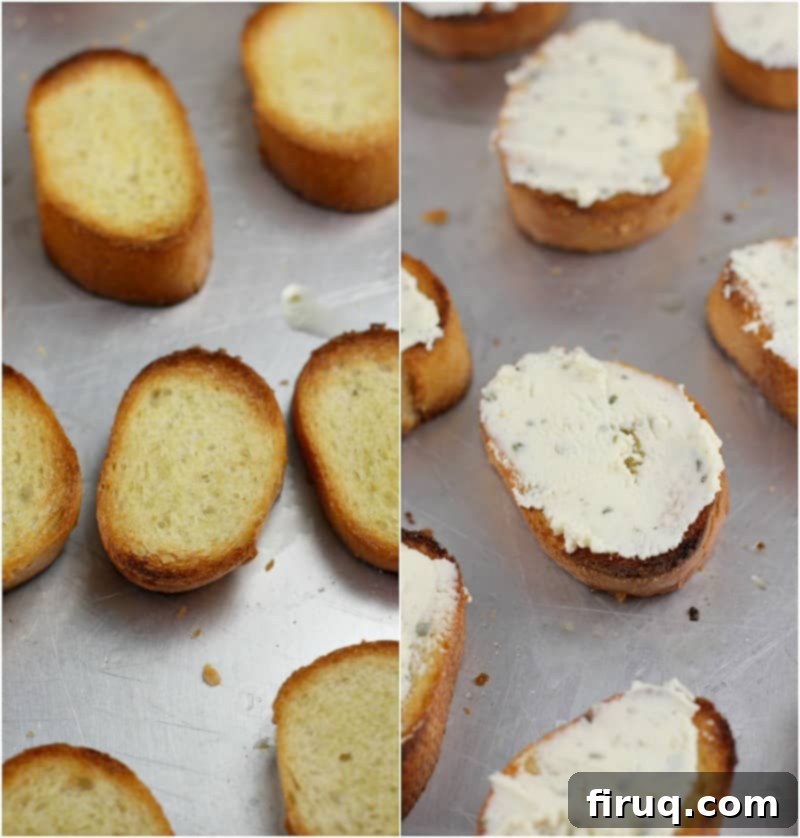 Crispy Prosciutto Crostini 10 collage of 2 photos: left, toasted bread slices; right, bread slices with Boursin spread on top