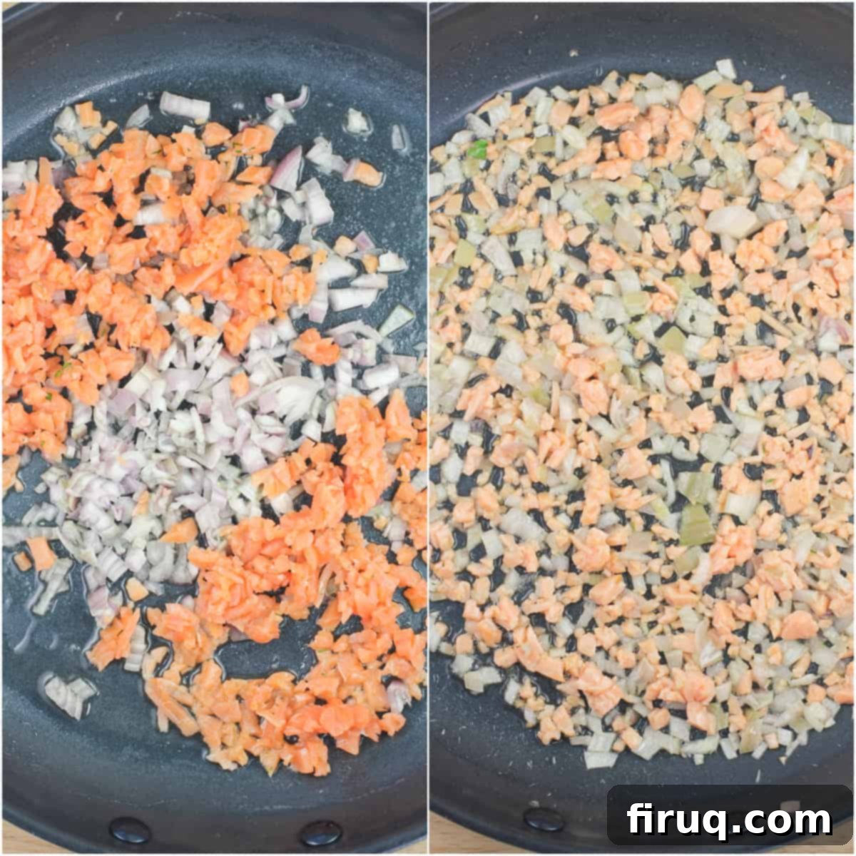 Silken Salmon Crepe Embrace 6 collage of 2 photos: left, salmon and shallot in skillet; right, salmon and shallot after cooking
