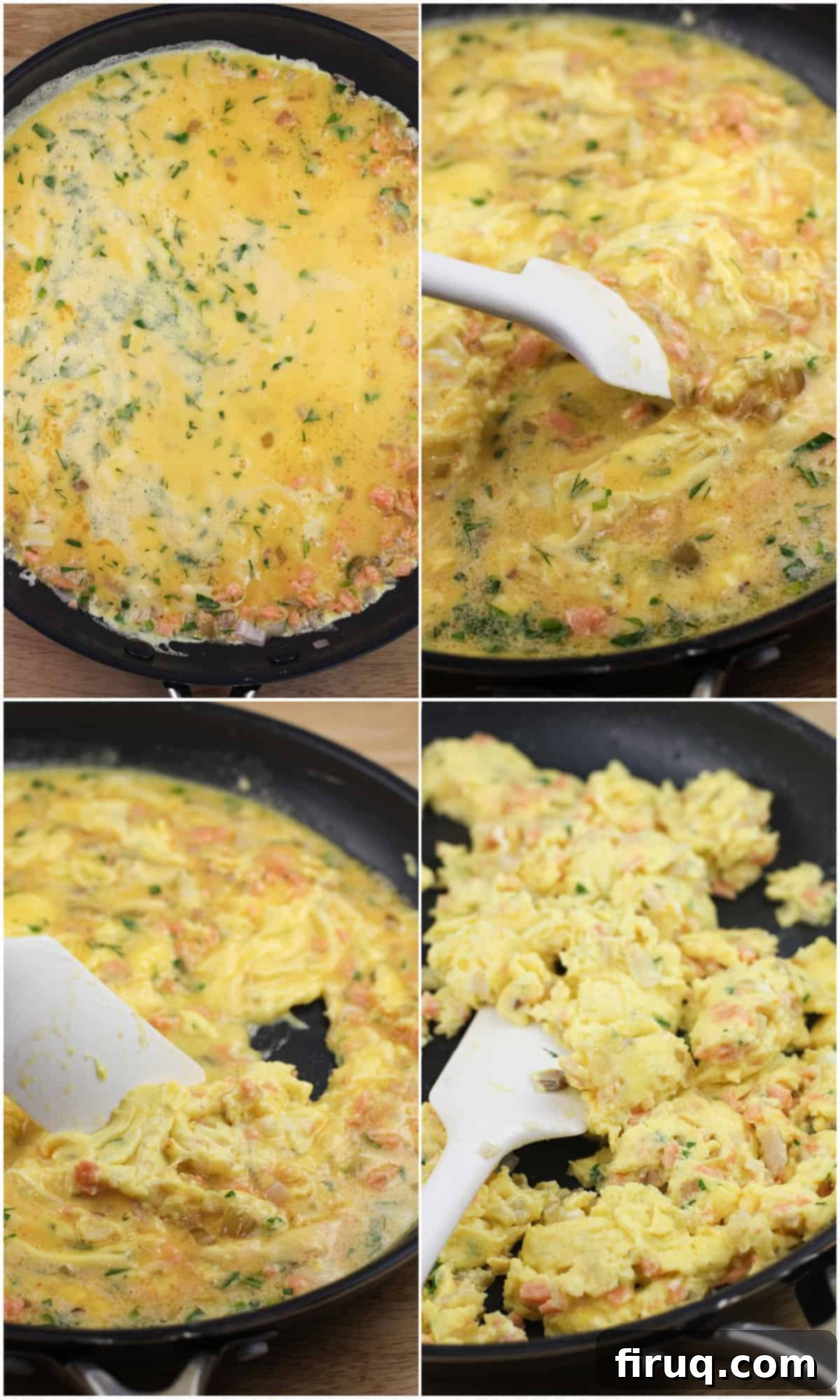 Silken Salmon Crepe Embrace 7 collage of 4 photos showing progression of making the smoked salmon scrambled eggs