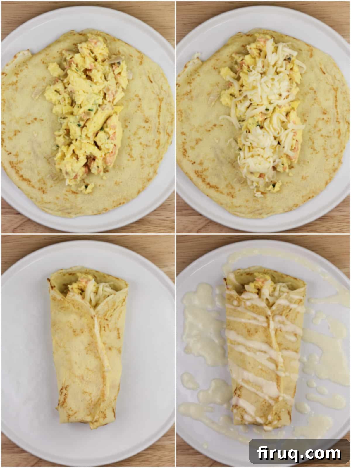 Silken Salmon Crepe Embrace 9 collage of 4 photos showing the progression of assembling crepe: egg on crepe; cheese on top of egg; folded crepe; white wine sauce drizzled over