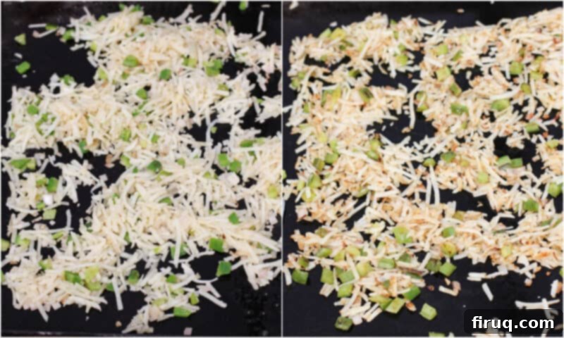 Sizzling Griddle Hash 6 collage of 2 photos: left, cooking hash browns on griddle; right, browned potatoes on griddle