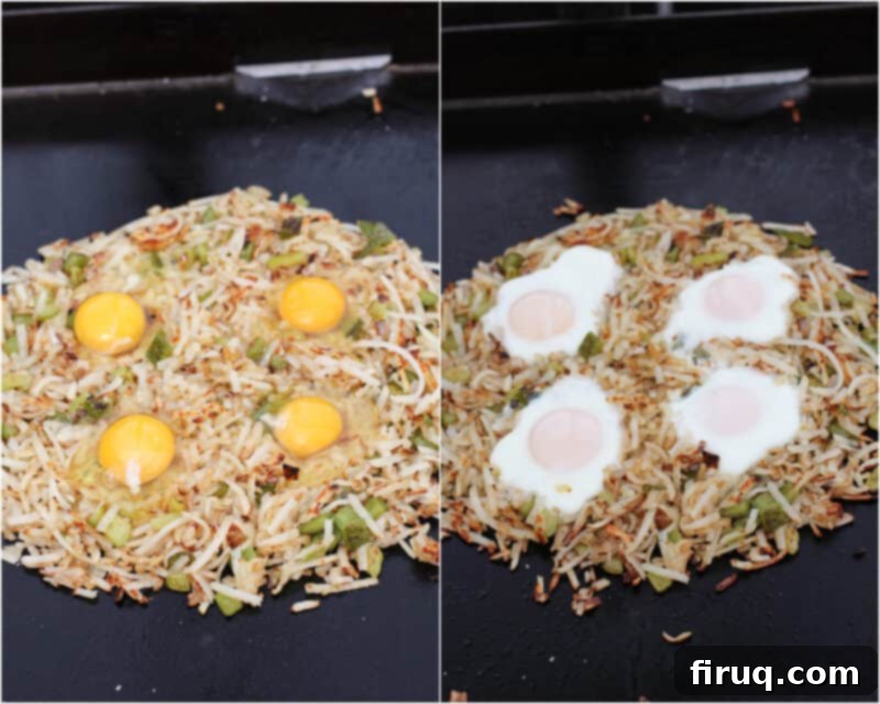 Sizzling Griddle Hash 7 collage of 2 photos; left, raw eggs on browned potatoes; right, cooked eggs on potatoes