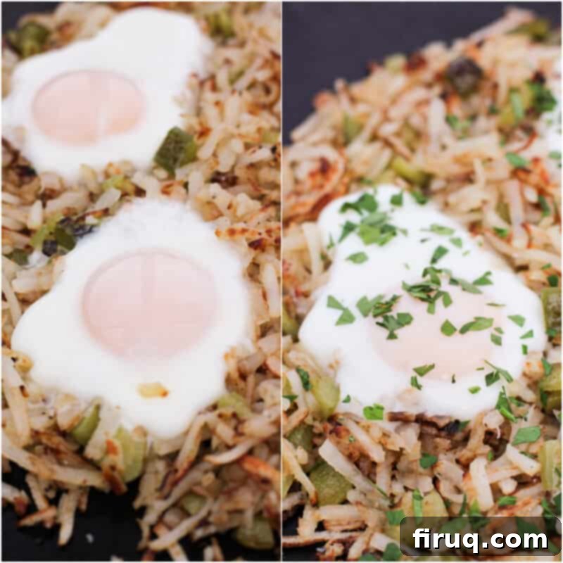 Sizzling Griddle Hash 9 collage of 2 photos; left, 2 cooked eggs on hash browns; right, cooked eggs garnished with parsley on hash browns
