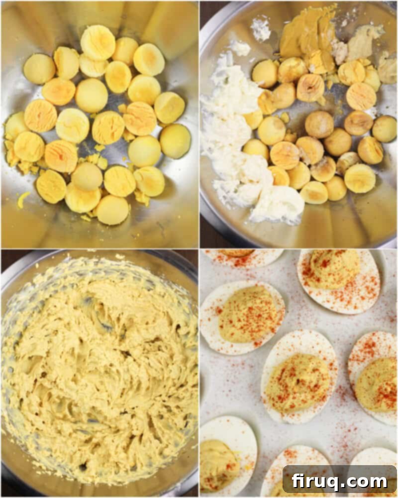 Zesty Stuffed Eggs 6 collage of 4 photos showing the deviled egg making process: egg yolks in a metal bowl; egg yolks with all deviled egg ingredients in bowl; combined deviled egg filling in metal bowl; a freshly piped deviled egg