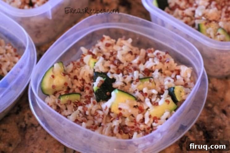 Wholesome Baked Salmon Harvest Plate 3 Portioned Baked Salmon with Brown Rice, Red Quinoa, and Zucchini in Meal Prep Containers