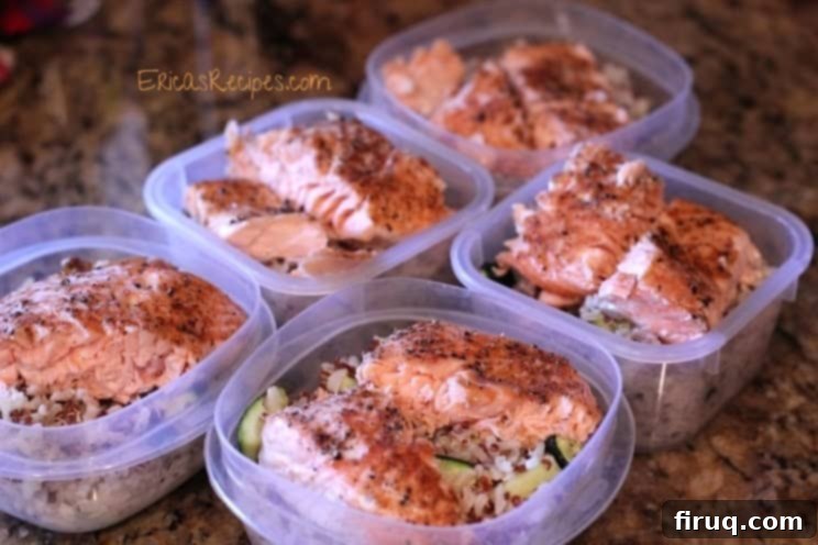 Wholesome Baked Salmon Harvest Plate 4 Close-up of Flaky Baked Salmon with Grains and Zucchini