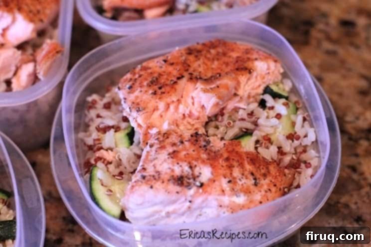 Wholesome Baked Salmon Harvest Plate 6 Baked Salmon with Brown Rice, Red Quinoa, and Zucchini Meal Prep Recipe