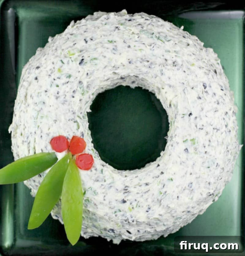 Festive Olive & Scallion Wreath Dip 17 top view of the wreath to show the bell pepper garnish