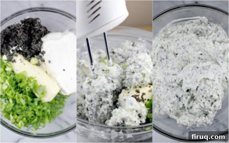 Festive Olive & Scallion Wreath Dip 5 A four-panel collage demonstrating the preparation of Scallion Olive Party Dip: softened cream cheese and butter, chopped green onions and olives, the ingredients in a mixing bowl, and the finished creamy dip.