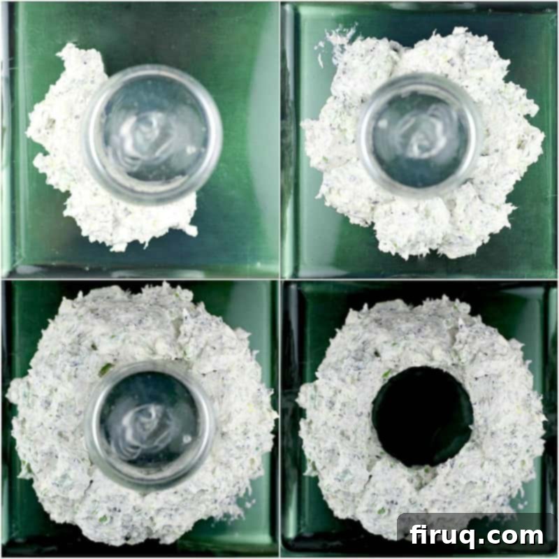 Festive Olive & Scallion Wreath Dip 6 Top-down collage of four photos showing the step-by-step process of forming the Christmas cheese wreath around a drinking glass on a serving plate.
