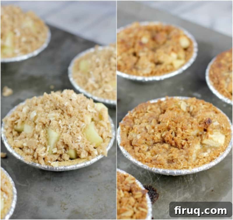 Individual Apple Crisp Pies 7 collage of 2 photos: uncooked mini pie on the left; cooked pie on the right