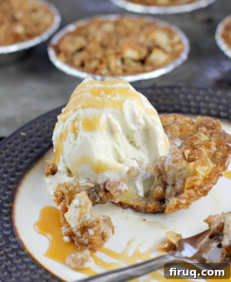 Individual Apple Crisp Pies 8 apple crisp pie on a plate with a bite removed