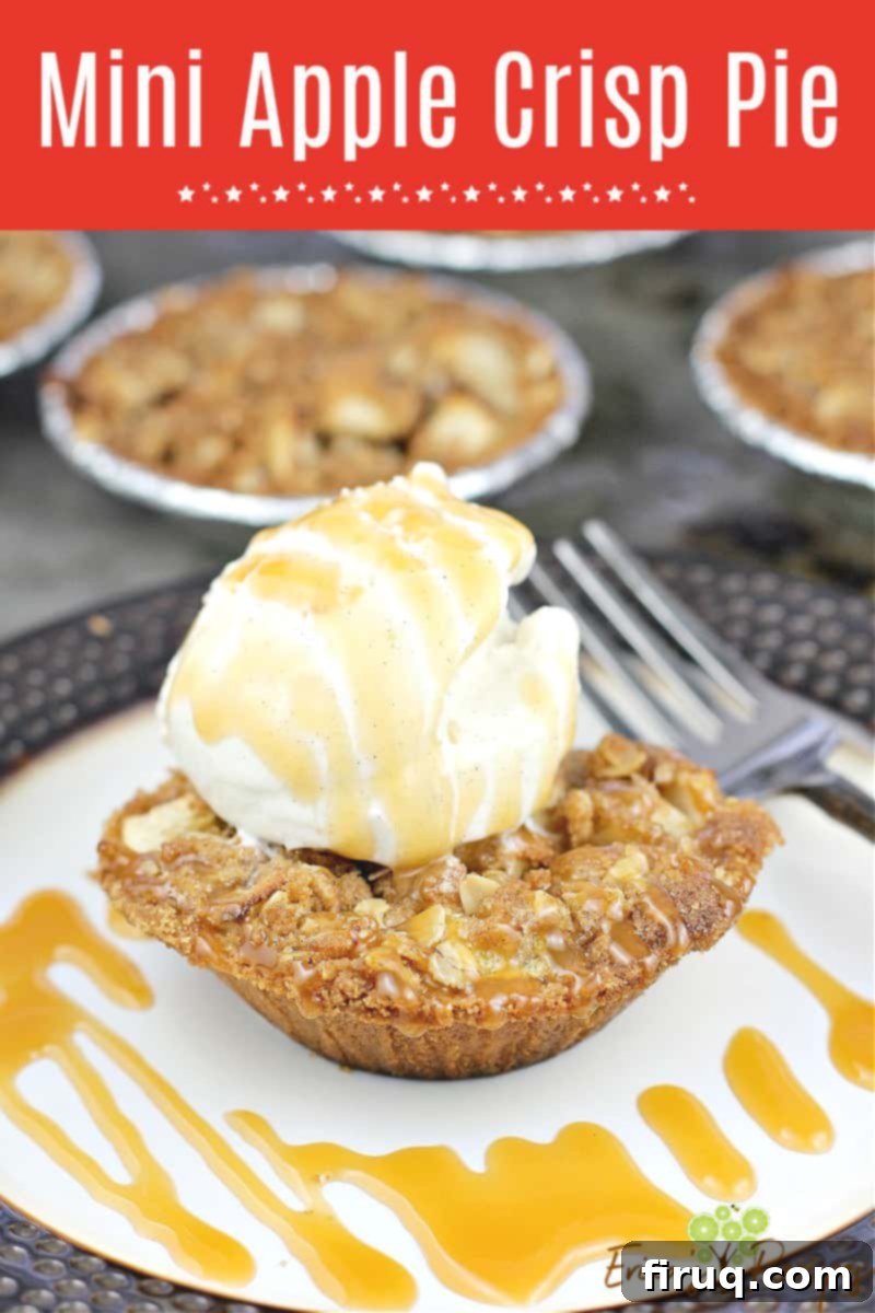 Individual Apple Crisp Pies 10 image or plated finished recipe for sharing on social media with text overlay of recipe title