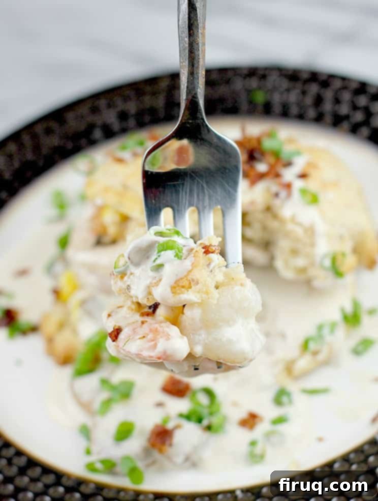 Cheddar Bay Bacon Biscuits Smothered in Shrimp Gravy 3 a fork holding shrimp and bit of biscuit