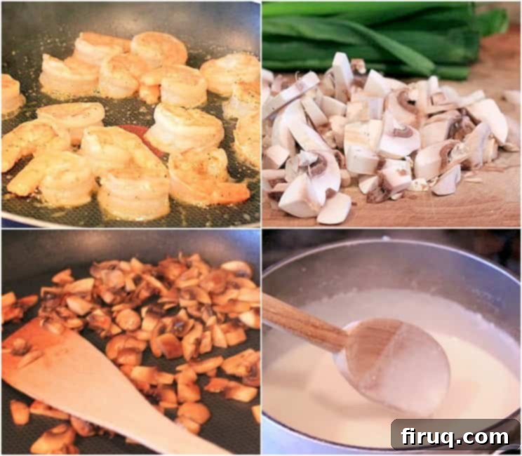 Cheddar Bay Bacon Biscuits Smothered in Shrimp Gravy 6 collage of 4 photos: shrimp cooking in a skillet; mushrooms chopped on cutting block; mushrooms browning in skillet; spoon stirring cream gravy in saucepan