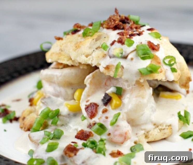 Cheddar Bay Bacon Biscuits Smothered in Shrimp Gravy 8 bacon biscuits filled with shrimp gravy on plate, topped with green onion
