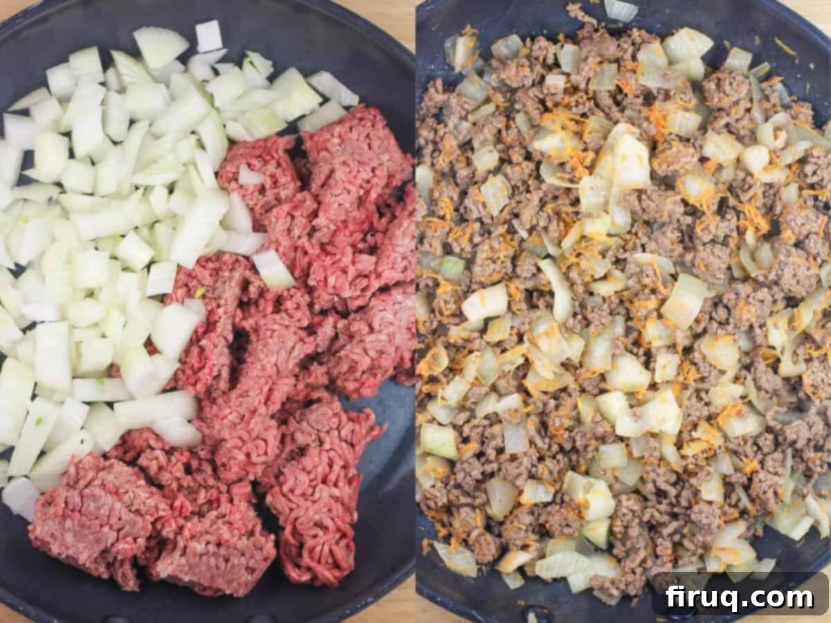 Ranchero Shepherds Pie 4 Collage of 2 photos: raw ground meat and onion in skillet; cooked meat, onion, and carrot in skillet