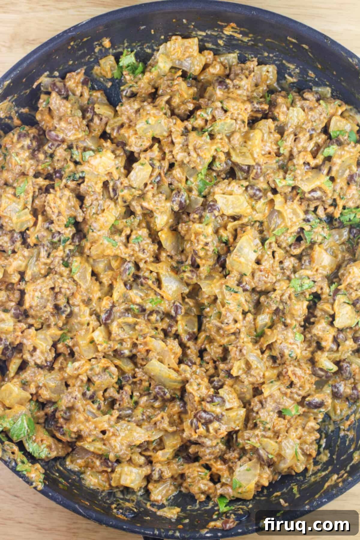 Ranchero Shepherds Pie 5 Prepared meat filling in a skillet, ready for assembly