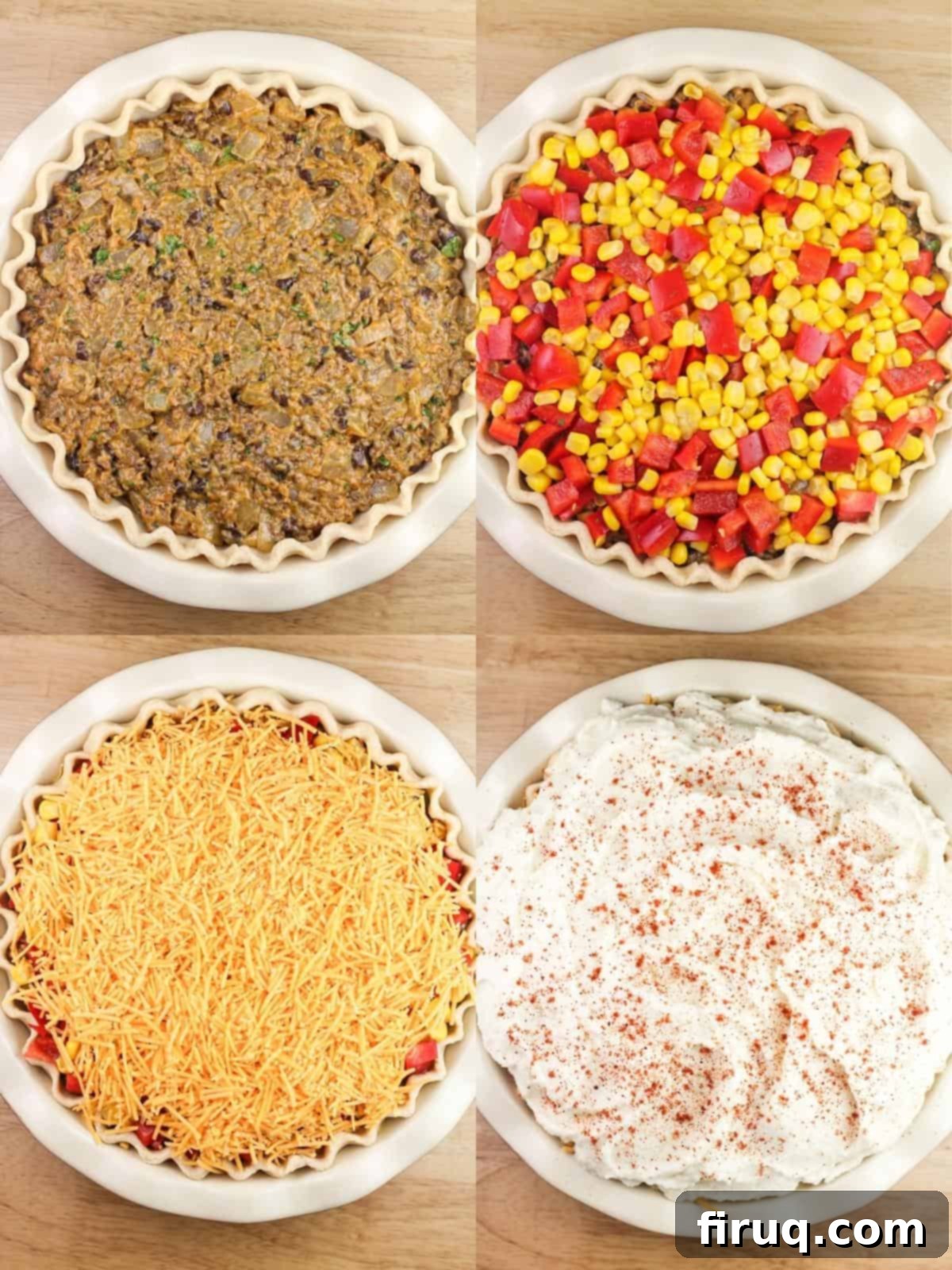 Ranchero Shepherds Pie 6 Collage of 4 photos showing layers in pie crust: meat, red pepper and corn, cheese, mashed potatoes