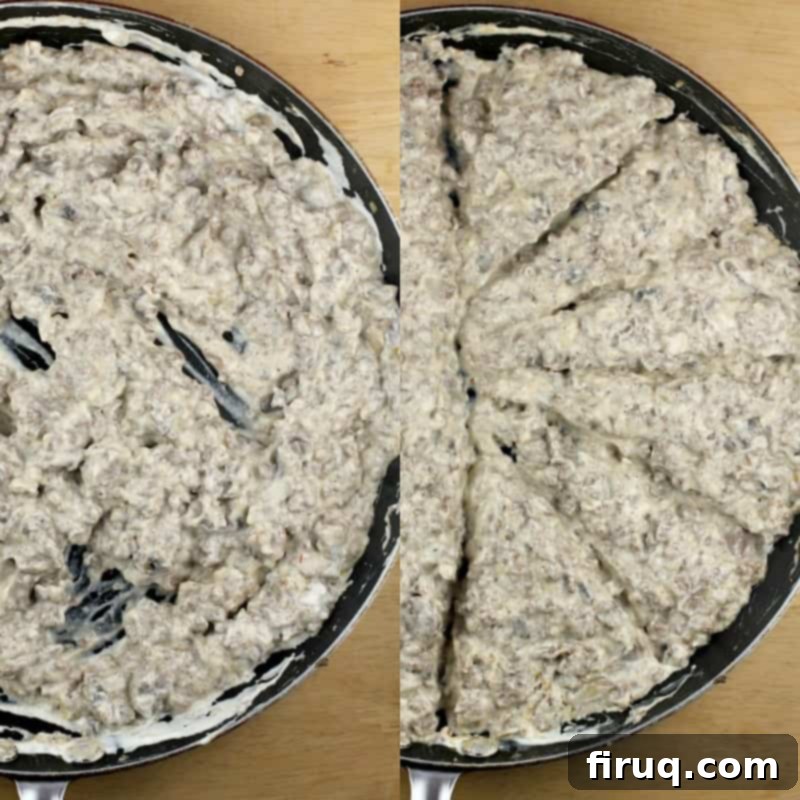 Gourmet Beef Stroganoff Crepes 7 collage of 2 photos: left, beef stroganoff; right, stroganoff divided into portions in a skillet