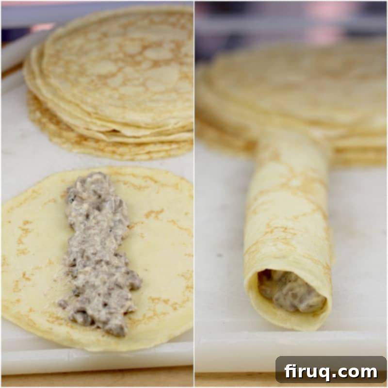 Gourmet Beef Stroganoff Crepes 8 collage of 2 photos: left, filling on a crepe; right, rolled up crepe