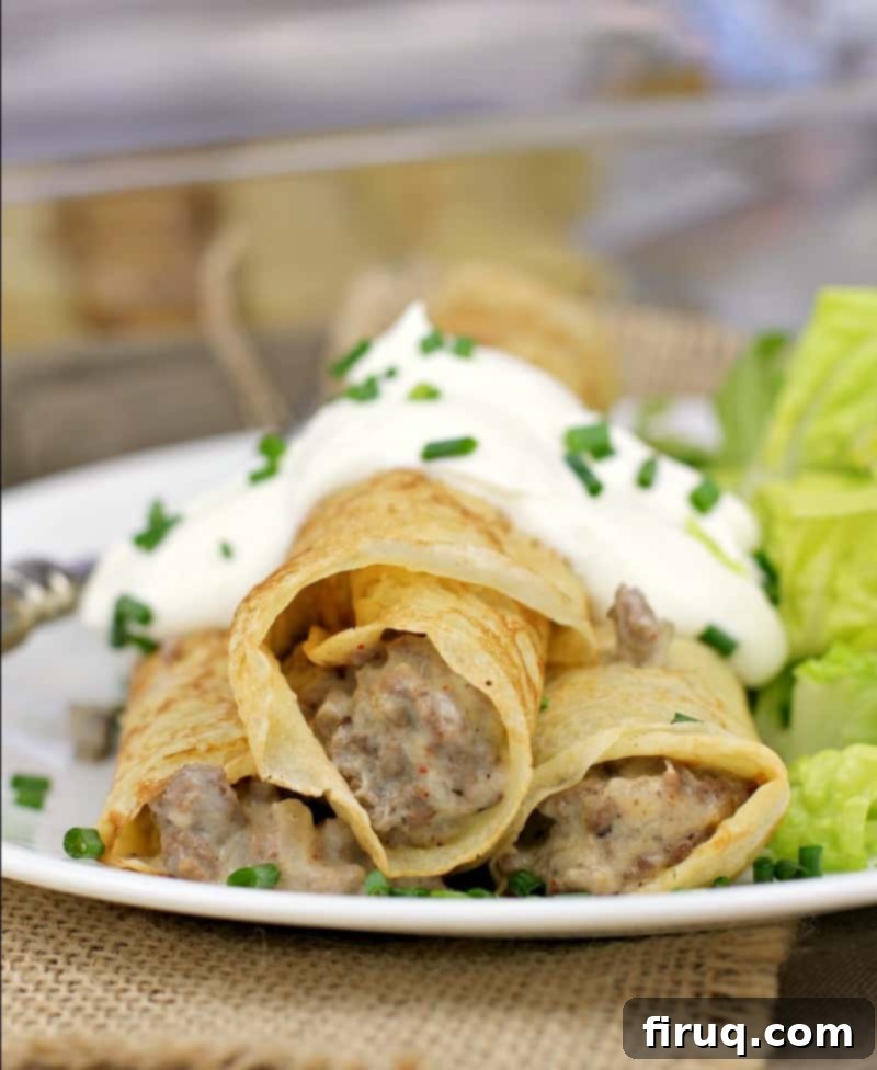 Gourmet Beef Stroganoff Crepes 9 close view of 3 crepes to show ground beef filling