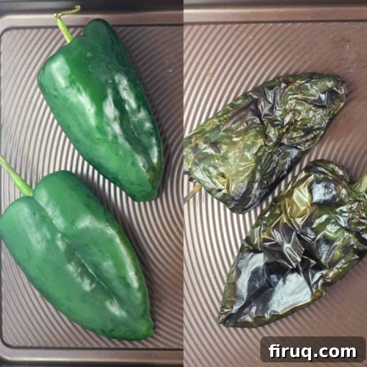Baja Chicken Parmesan 4 collage of 2 photos: left, 2 poblano peppers; right, roasted poblano peppers