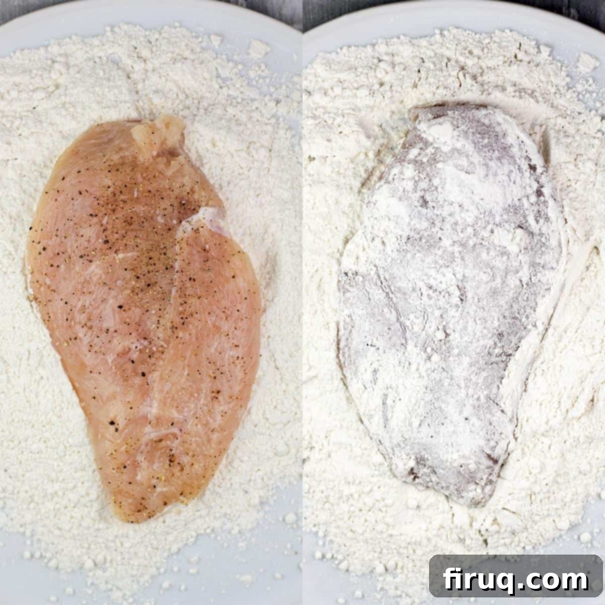 Baja Chicken Parmesan 5 collage of 2 photos showing chicken dredged in flour